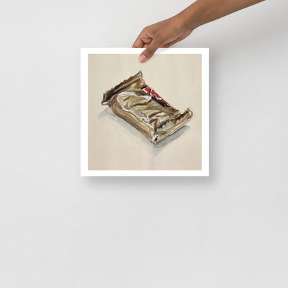 product mockup of Artistic depiction of a crumpled chocolate bar wrapper on a beige background