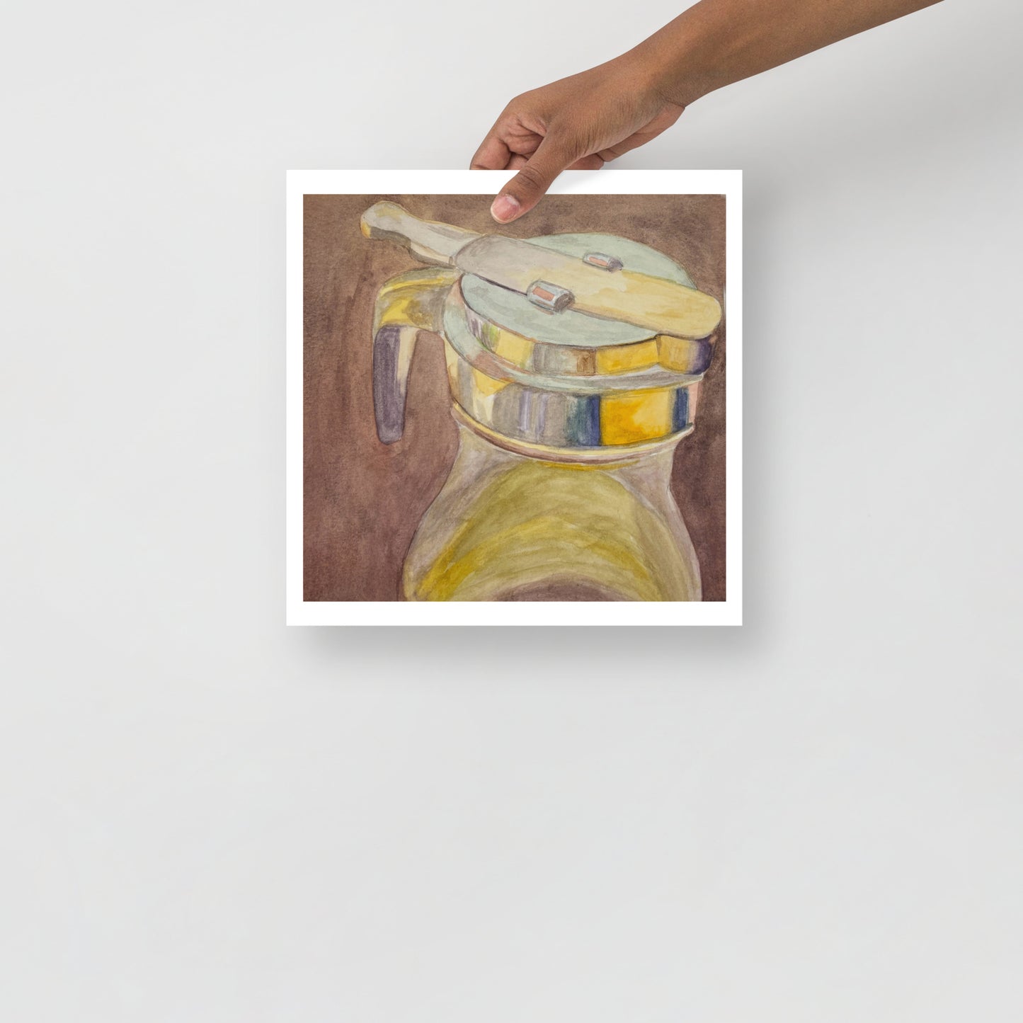 Product mockup of Colorful drawing of a syrup dispenser on a brown background