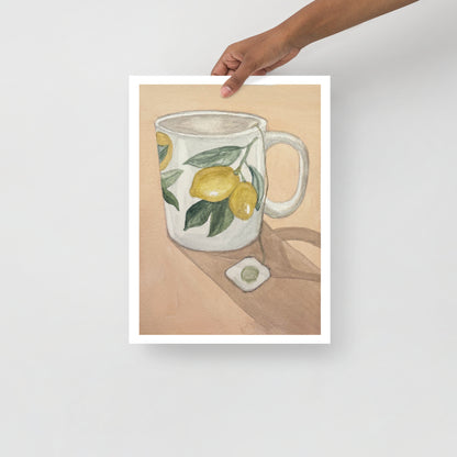 Product mockup of Ceramic mug with lemon design on a beige background