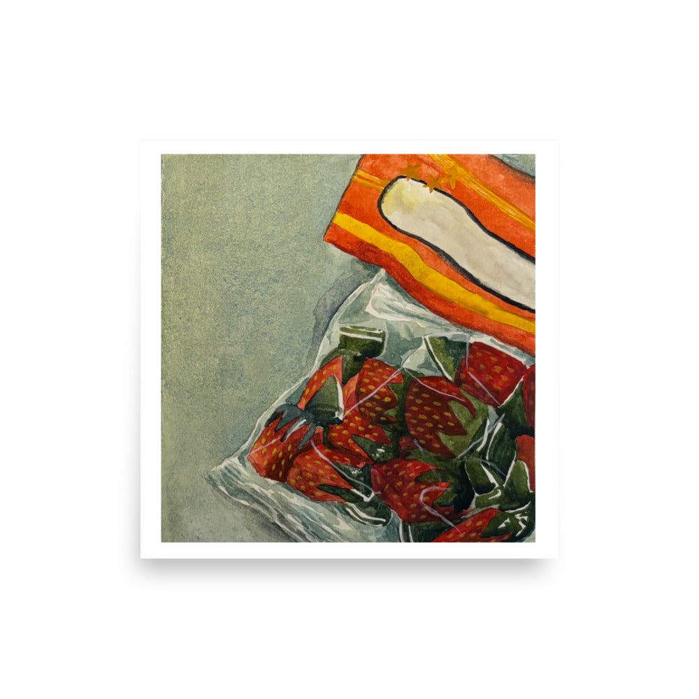Product mockup of a watercolor painting print of a bag of strawberry candies with a colorful label on a textured background