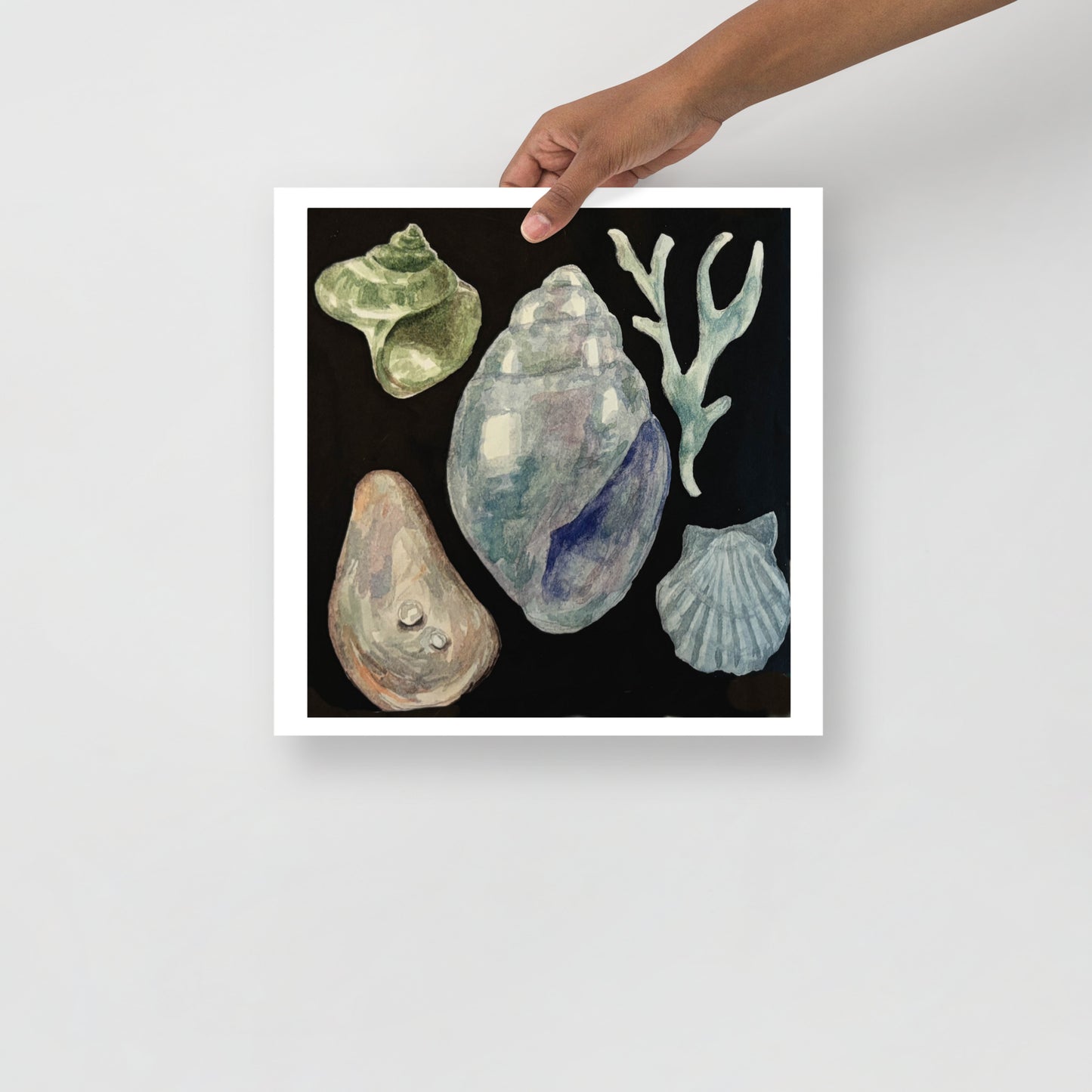 Product mockup of a watercolor painting print of various shells and seaweed on a black background