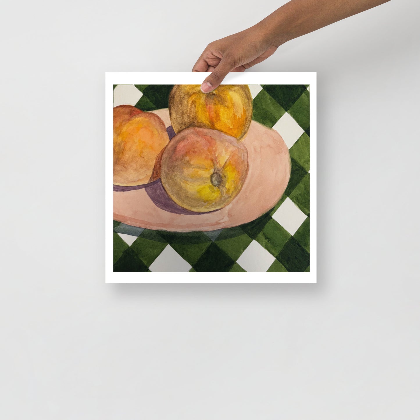 Product mockup of Still life painting of peaches on a checkered tablecloth
