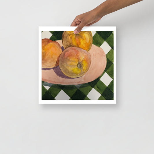 Product mockup of Still life painting of peaches on a checkered tablecloth