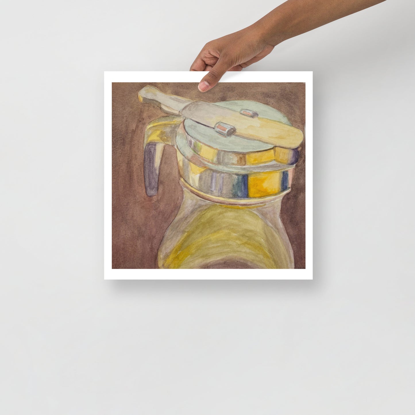 Product mockup of Colorful drawing of a syrup dispenser on a brown background
