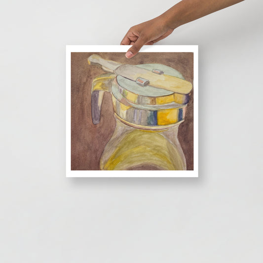 Product mockup of Colorful drawing of a syrup dispenser on a brown background