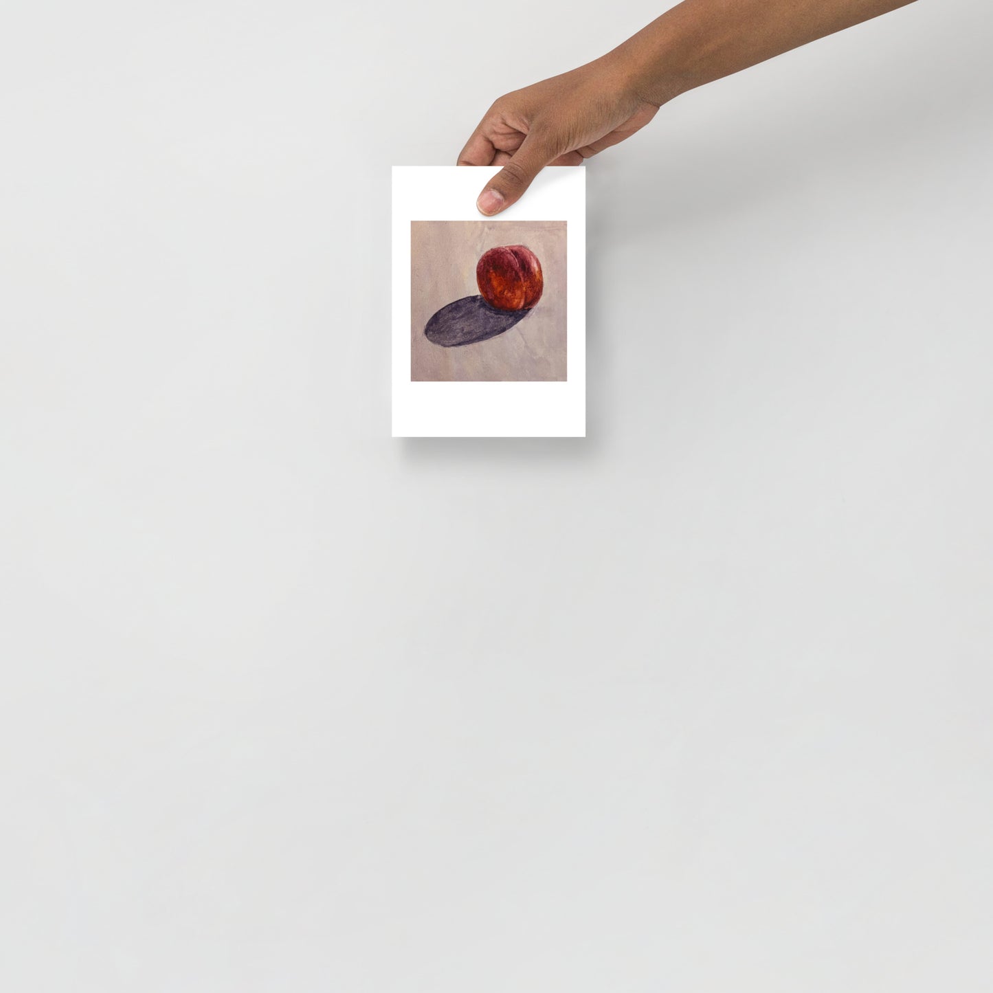 Product mockup of a watercolor painting of a peach on a textured beige background