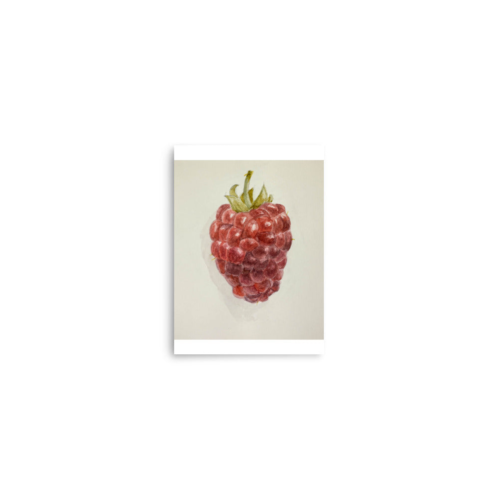 Watercolor painting of a red raspberry with a green stem against a white background.