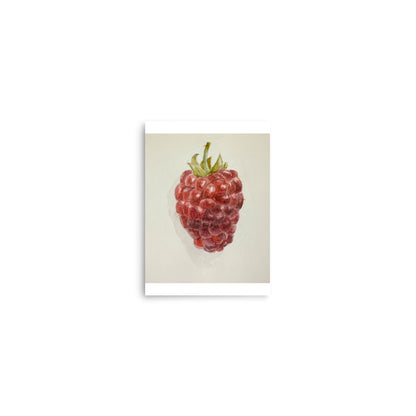 Watercolor painting of a red raspberry with a green stem against a white background.
