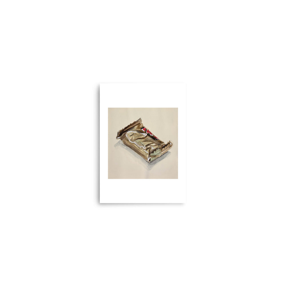 product mockup of Artistic depiction of a crumpled chocolate bar wrapper on a beige background