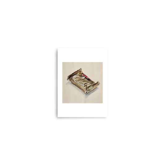 product mockup of Artistic depiction of a crumpled chocolate bar wrapper on a beige background