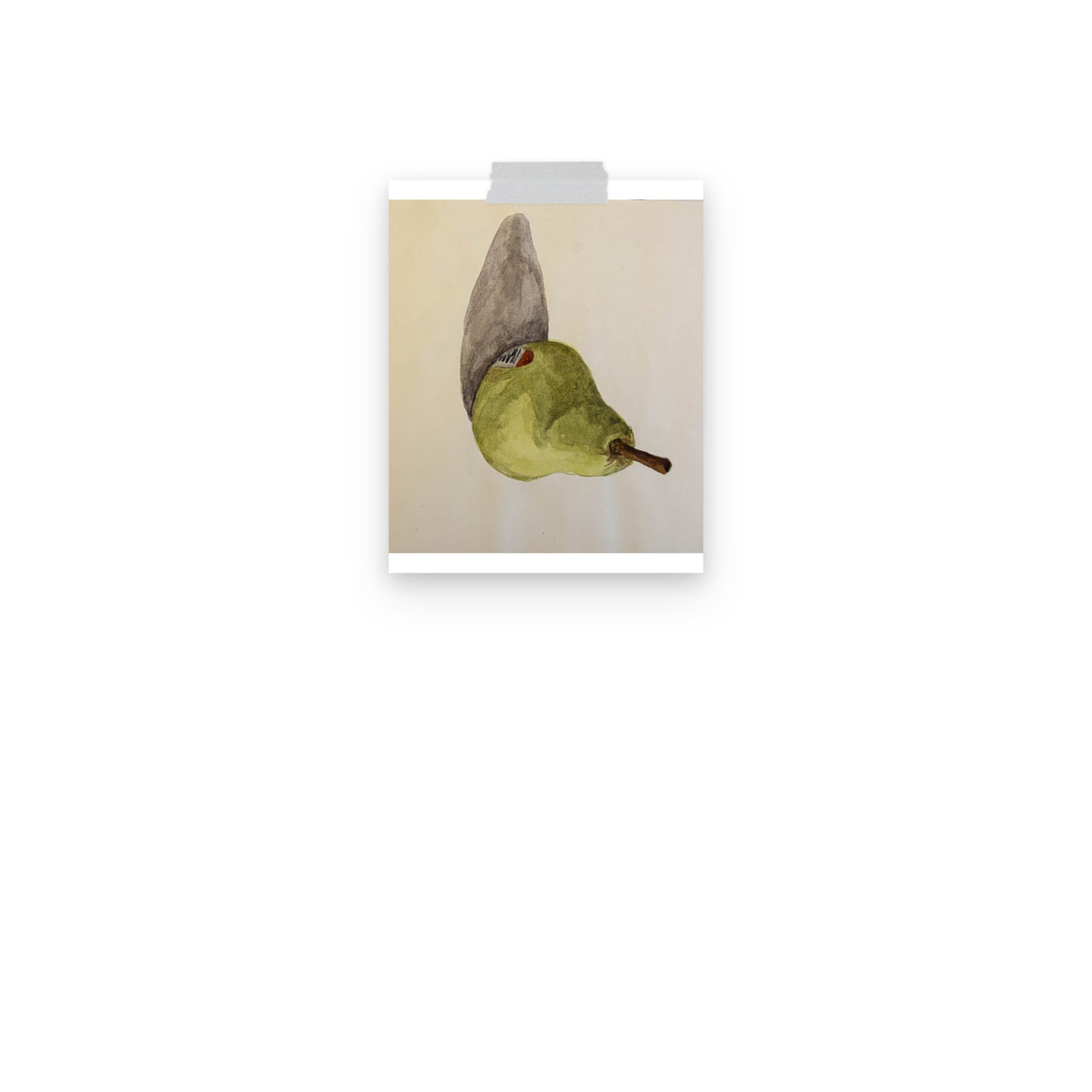 Product mockup of a watercolor print that depicts a sideways green pear against a white background 