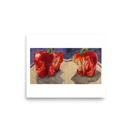 Product mockup of a watercolor print that depicts two red bell peppers with bites taken out of them, against  purple background. 