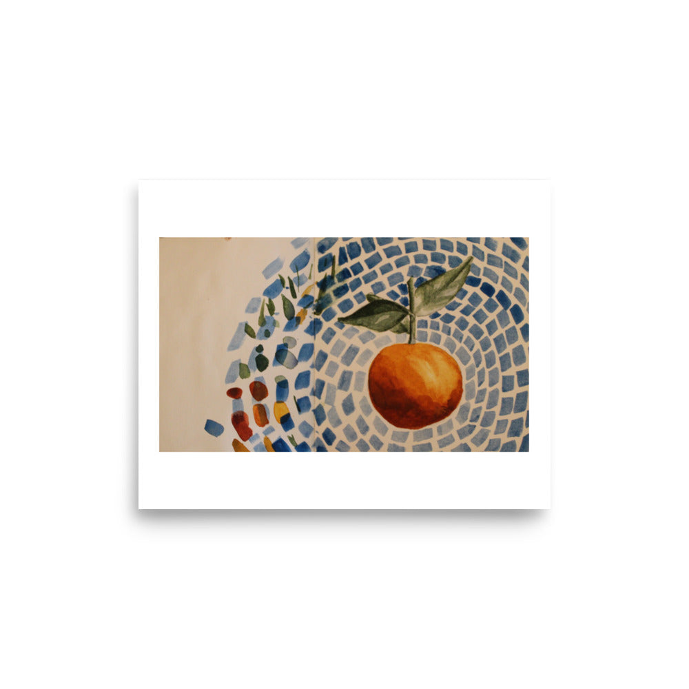 Product mockup of a watercolor print that depicts an artistic depiction of an orange with leaves on a mosaic-style background