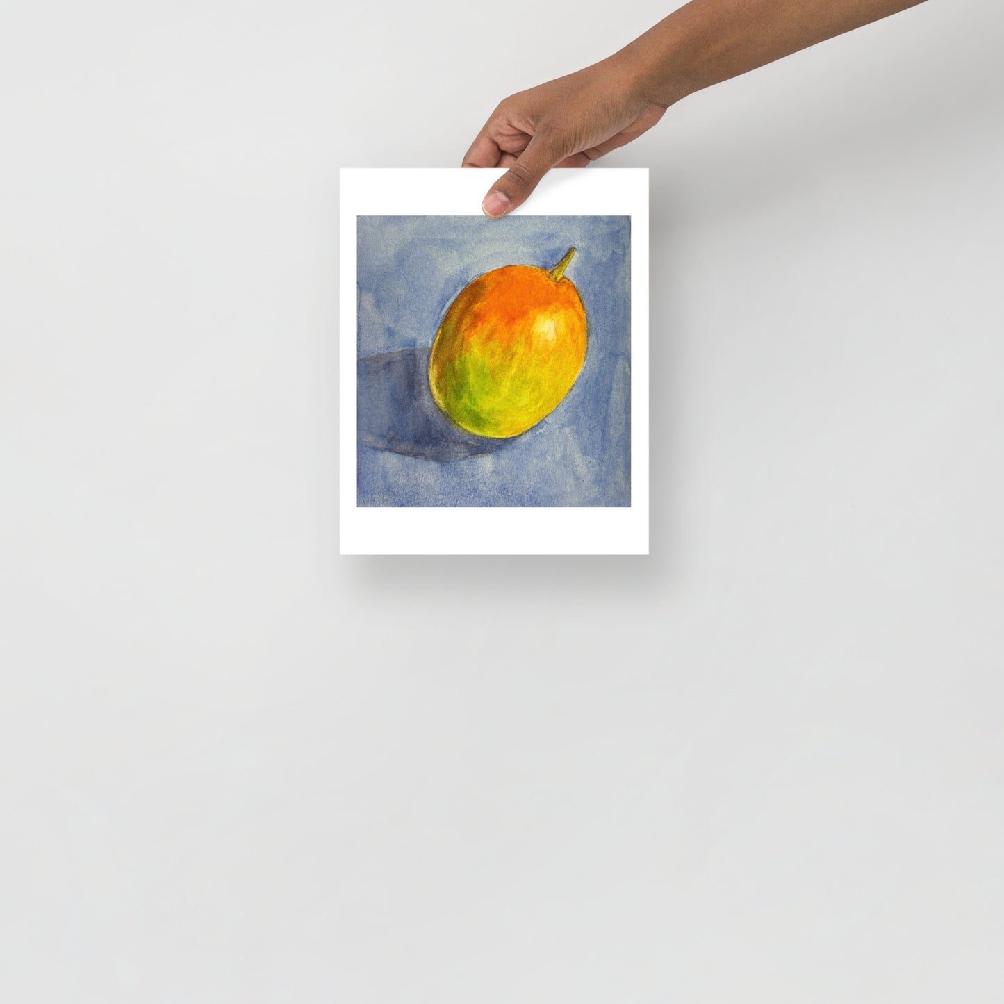 Product mockup of Colorful mango illustration on a blue watercolor background
