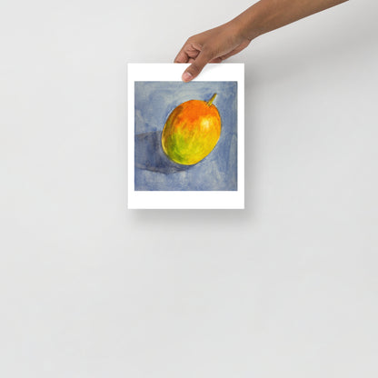 Product mockup of Colorful mango illustration on a blue watercolor background