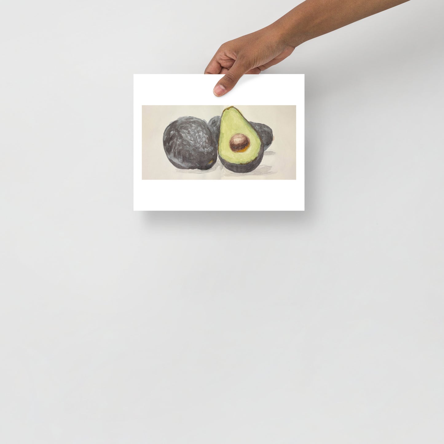 Product mockup of Illustration of an avocado with a cut half showing the green flesh and brown pit on a beige background.