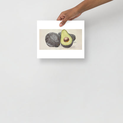 Product mockup of Illustration of an avocado with a cut half showing the green flesh and brown pit on a beige background.