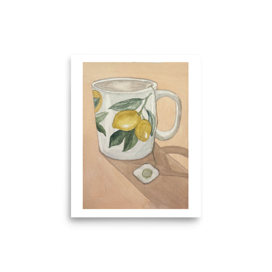 Product mockup of Ceramic mug with lemon design on a beige background
